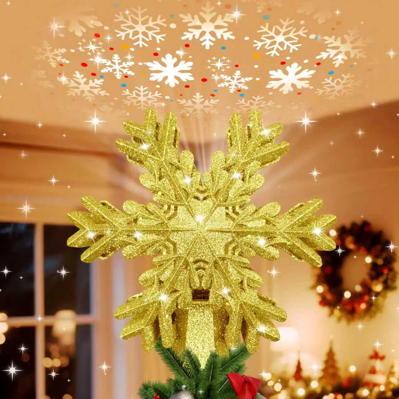 Christmas Tree Topper Lighted with Snowflake Projector, LED Rotating 3D Glitter Tree Topper for Christmas Tree, Christmas Decorations Lights