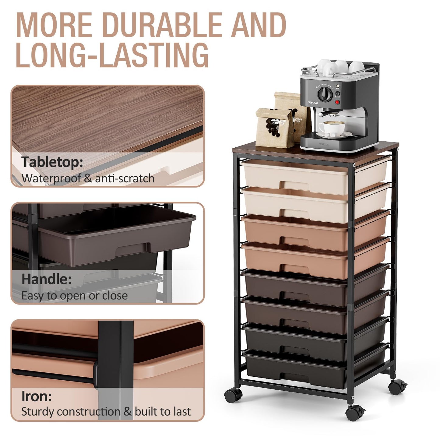 TOOLF Rolling Carts with Wheels, 8-Drawer Utility Cart, Wooden Tabletop Storage Cart for Office, Arts & Crafts, Classroom, Bedroom, Brown