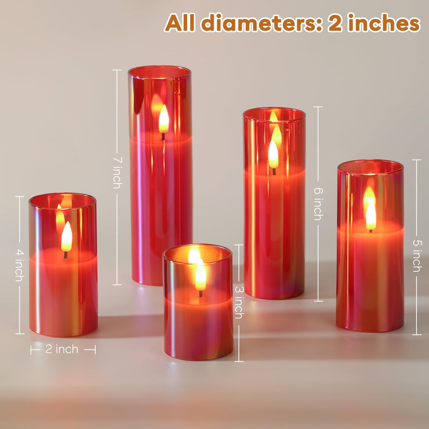 Girimax Red Glass Flameless Candles with Remote Batteries, Flickering Christmas LED Pillar Candles Set of 5