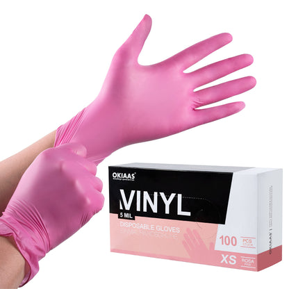 OKIAAS Black/Pink Vinyl Gloves Disposable Latex Free, Food Safe, Powder Free, 5 Mil Thickened for Cooking, Cleaning, Food Prep, Baking, Hair Dye, Tattoo, Medium, 50 Count
