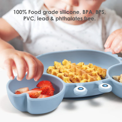 ROCCED Suction Plates for Baby, Silicone Plates with Suction Divided, Baby Spoon Fork Set for Toddler Baby Dishes Kids Utensils-Crab Dusty Blue