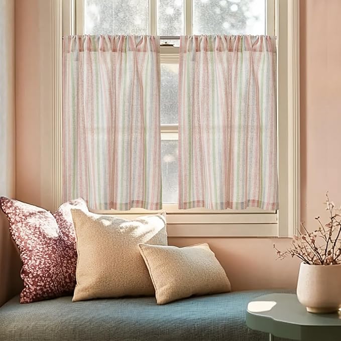 jinchan Striped Linen Kitchen Curtains 36 Inches Christmas Tier Curtains Farmhouse Modern Cafe Style Small Window Treatments Airy Light Filtering Rod Pocket for Living Room Bathroom 2 Panels Candy