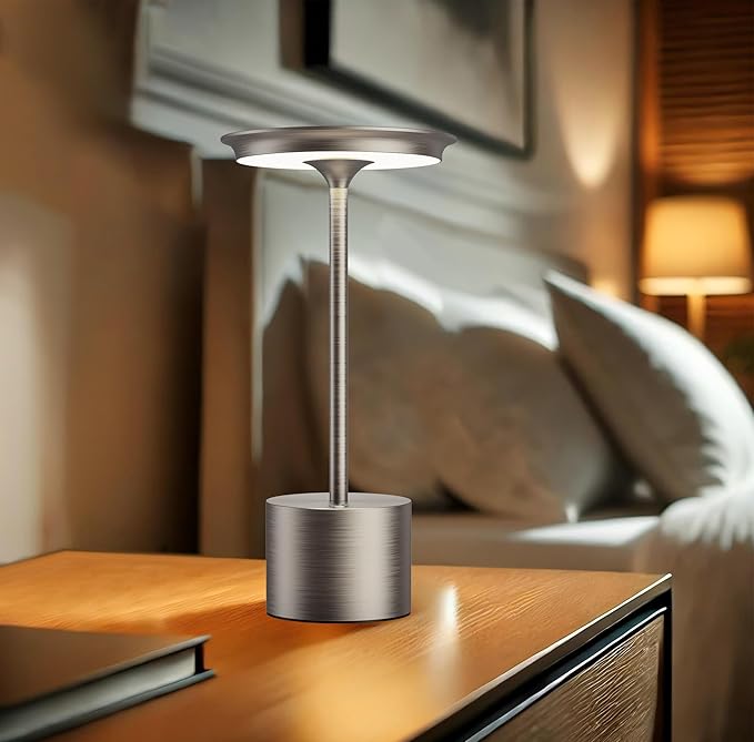 Cordless Table Lamp, Portable Rechargeable 6000mAh Outdoor Table Lamp, 3 Color Stepless Dimming Battery Powered Lamp, LED Table Light for Dinner/Bedroom/Restaurant/Outdoor (Silver)