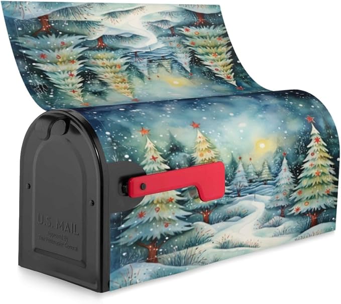 DADABULIU Mailbox Covers Christmas Tree Watercolor Winter Forest Christmas Tree Watercolor Winter Forest Magnetic Letter Post Box Cover Standard Size 25.5 x 21 Inch Garden Yard Home Decorative