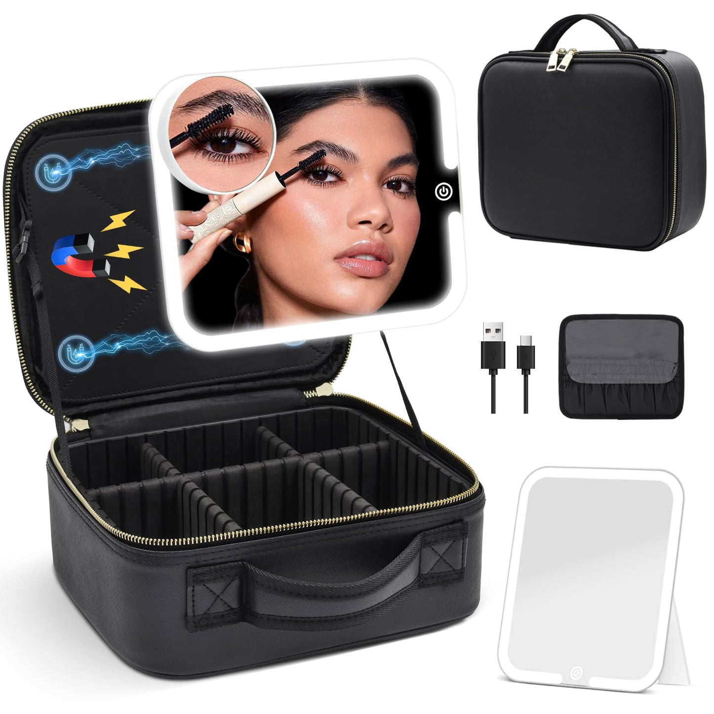 Makeup Bag with Magnetic Detachable Lighted Mirror 360° Swivel Angle, Travel Makeup Bag with Lights Portable Makeup Case Organizer with Mirror, Partition Cosmetic Bag Tools Accessories Train Case Gift