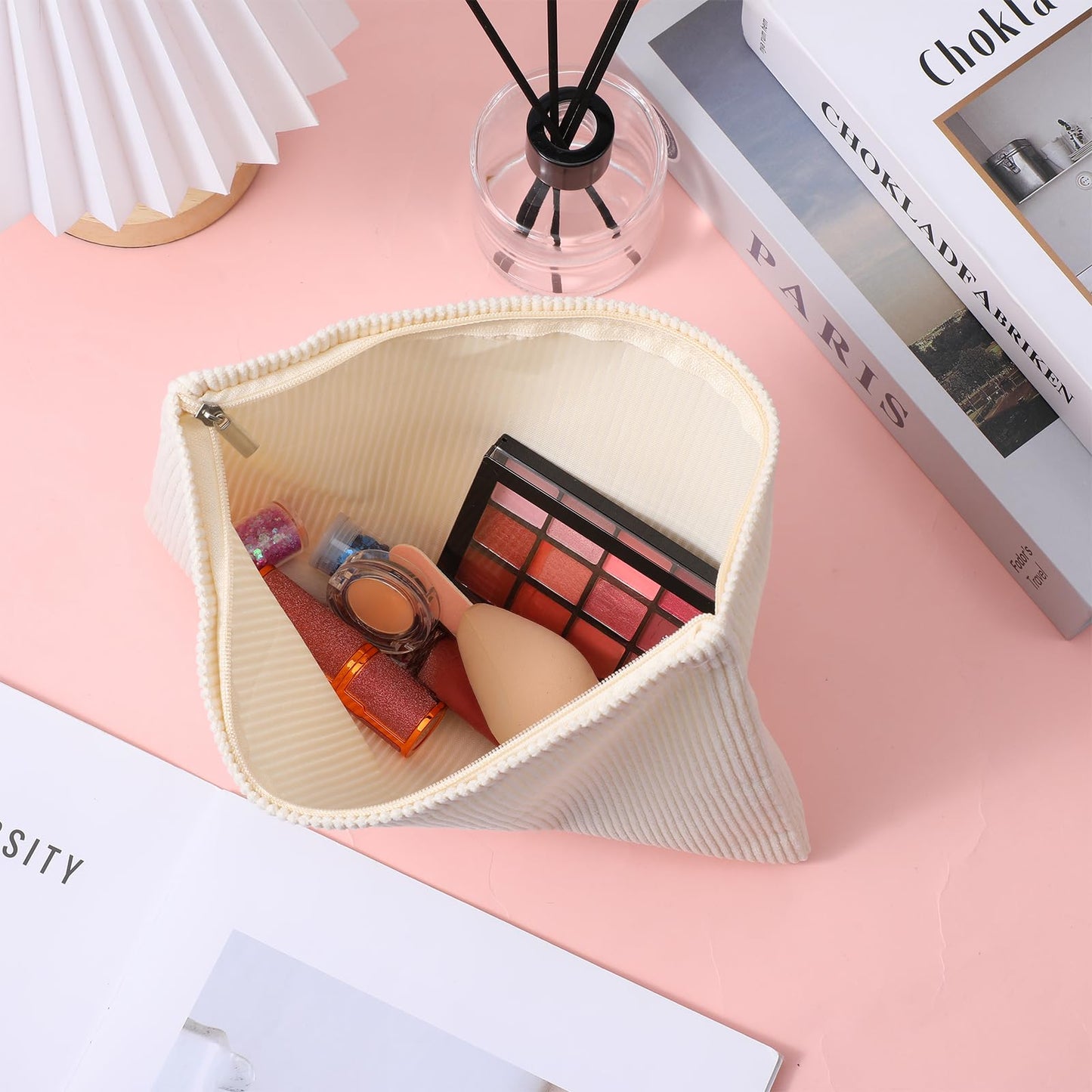 HOFURME 8 Pcs Cosmetic Bags for Women Makeup Bag for Purse Small Corduroy Makeup Pouch Travel Make Up Bag with Zipper Toiletry Bag Organizer (10.24 x 1.57 x 7.09 Inch)