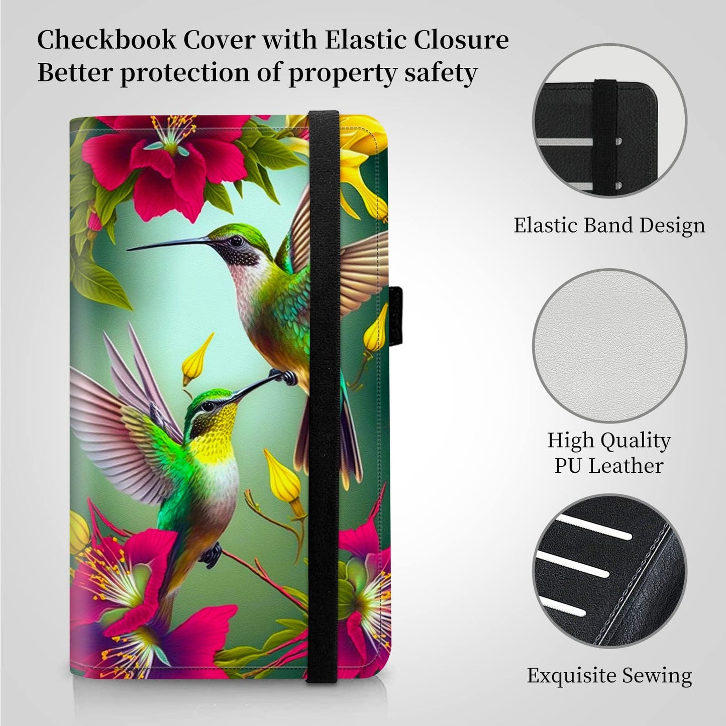 BPQOJB Checkbook Cover for Men and Women Personal Checkbook PU Leather Check Book Credit Card Holder Wallet with RFID Protection & Built-in Pen Holder for Duplicate Checks,Green Hummingbird