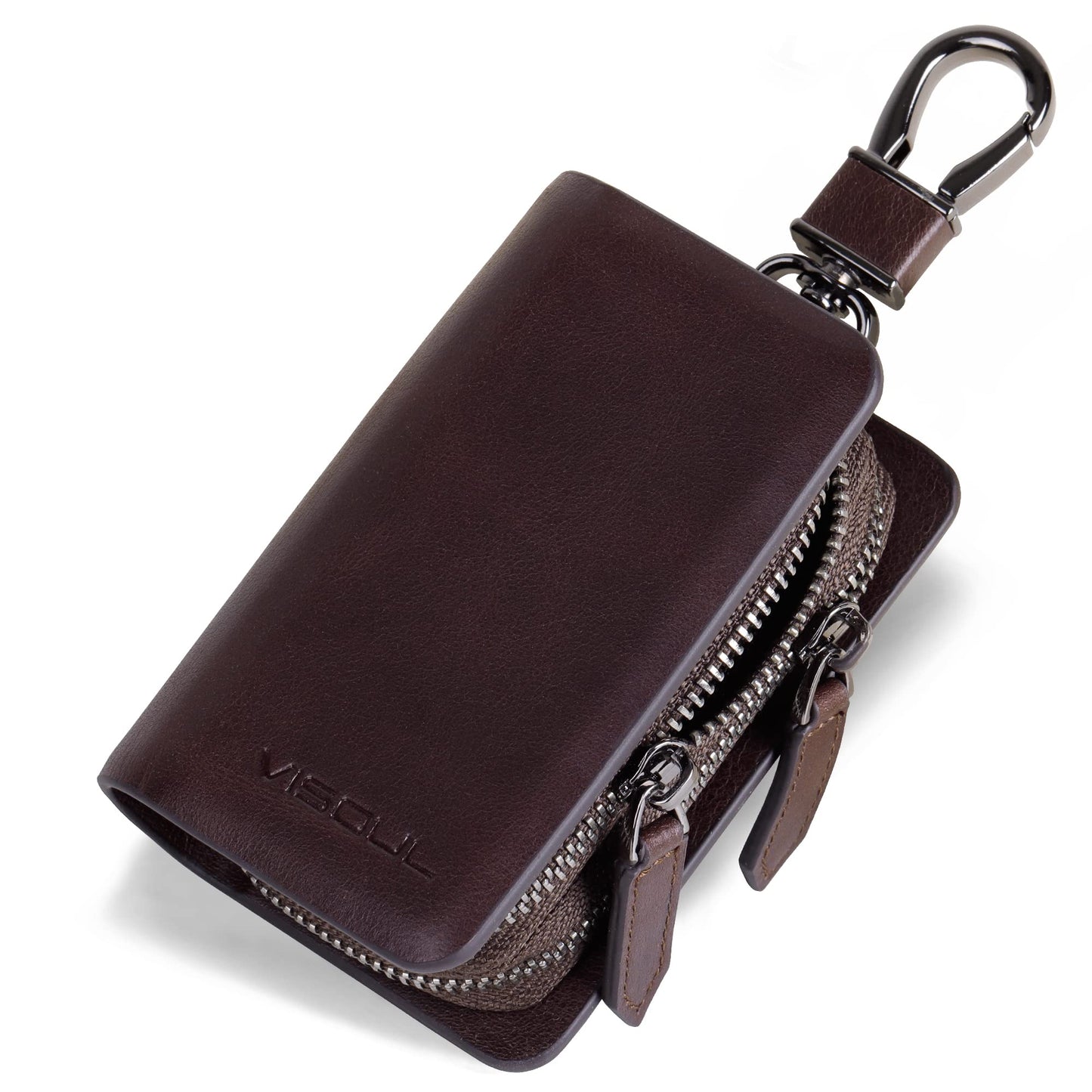 VISOUL Car Key Case Holder Double Zipper, Leather Car Smart Key Fob Case with Keychain for Men and Women-Coffee