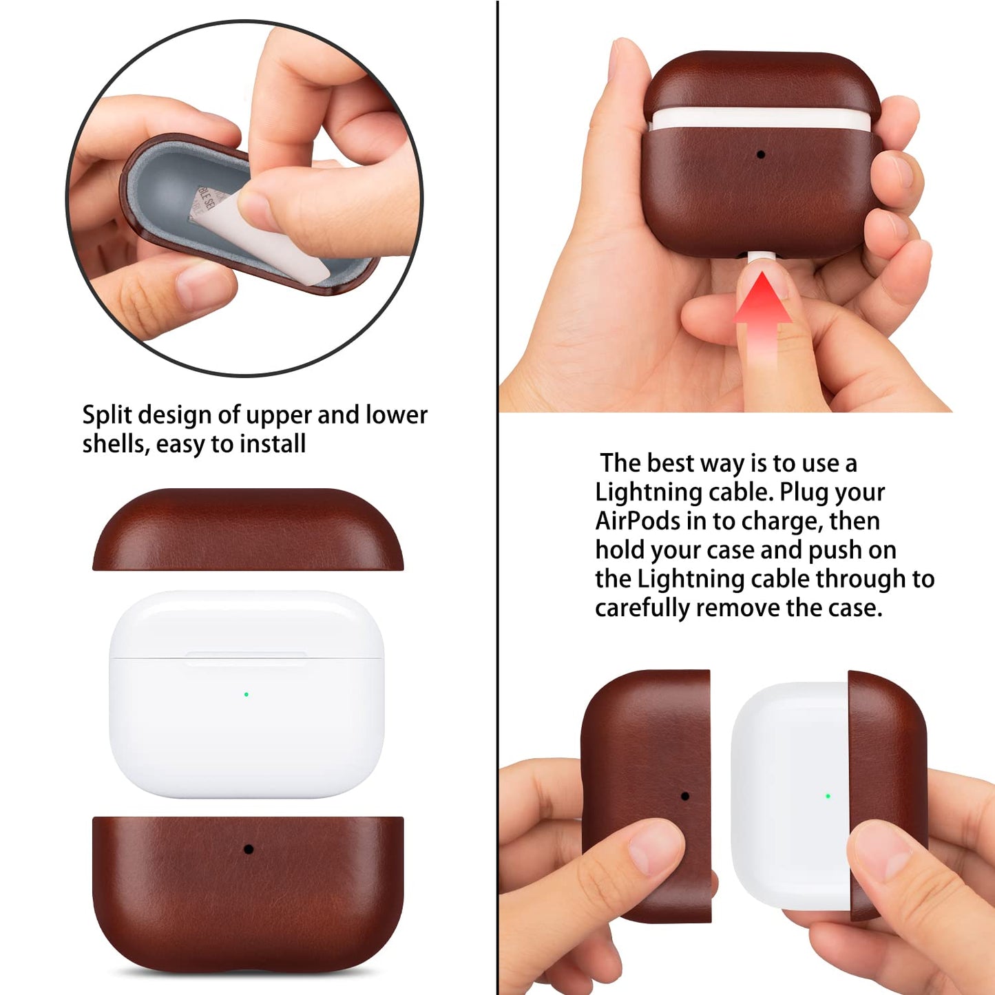 Maogoam for AirPods Pro 2 Leather Case Cover with Button, Genuine Crystal Vegetable Tanned Oil Wax Leather Case for AirPods Pro 2nd Generation, Retro Elegant Style, Front LED Visible, Red Brown