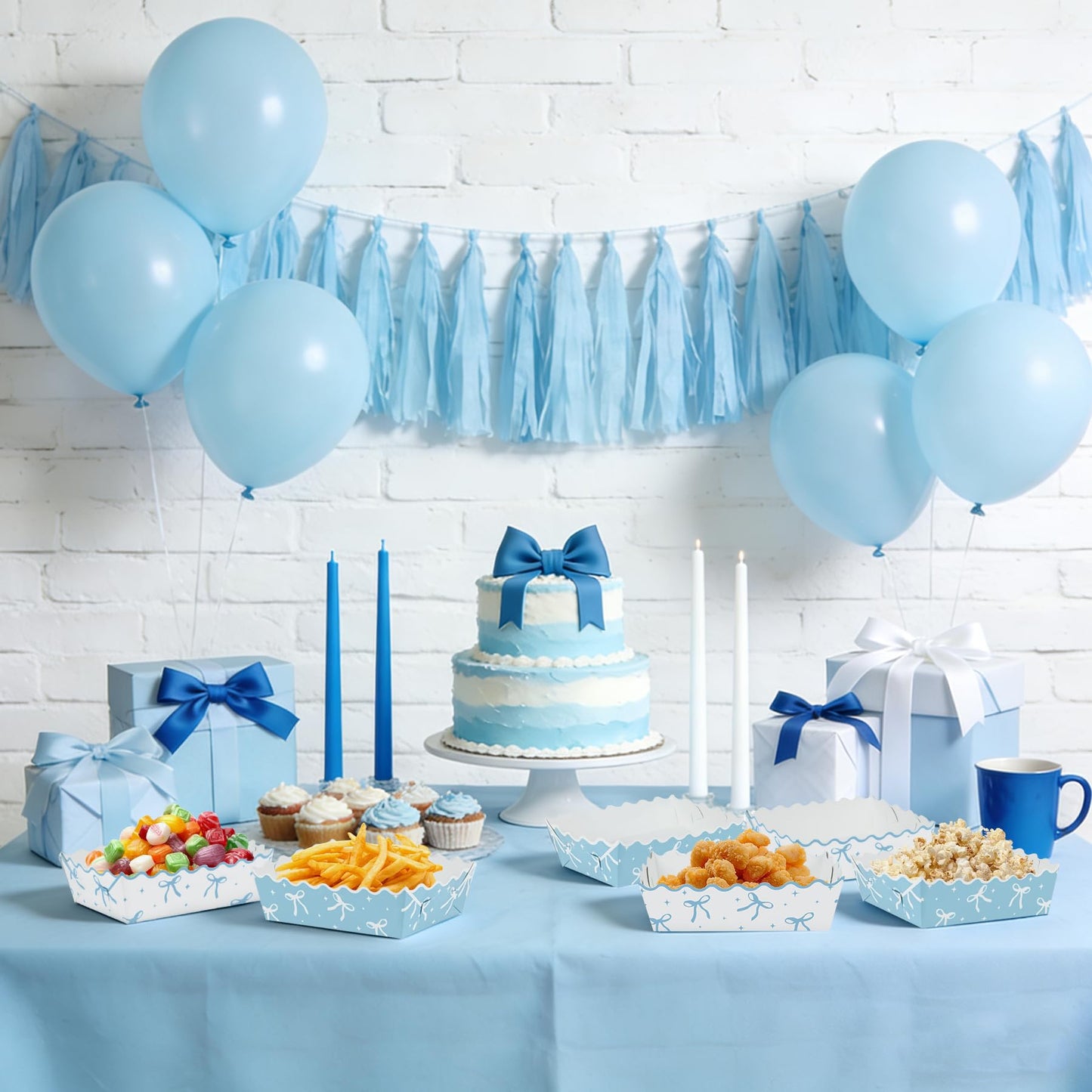 100 Pcs Blue Bow Paper Food Trays Blue Coquette Cookie Tray for Gift Giving Scalloped Food Serving Boat Disposable Trays for Serving Snack Bridesmaids Wedding Party Favors