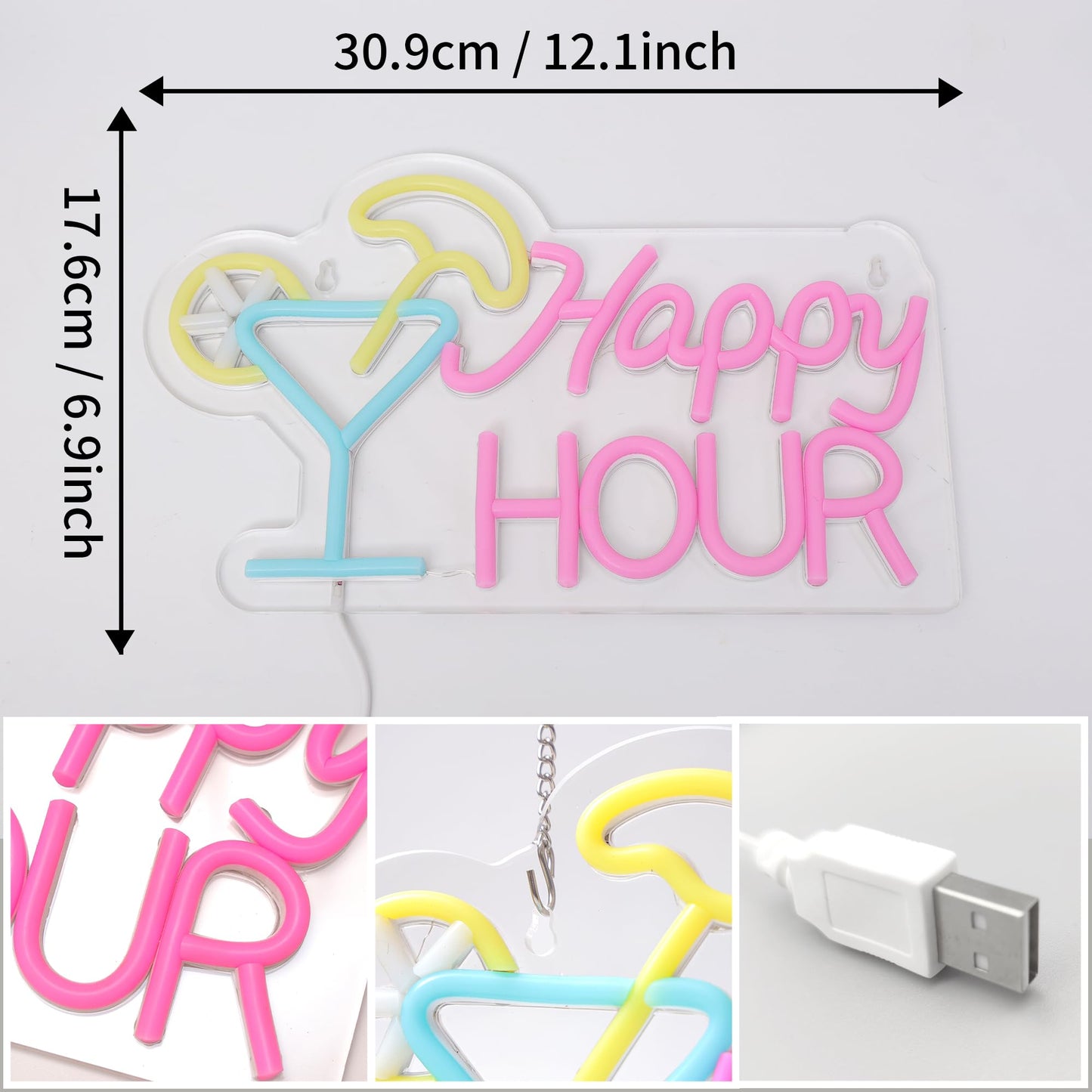 Attivolife Cocktail Happy Hour Neon Sign, Bright LED Lights with USB Powered, Light up Wall Decor for Bedroom, Man Cave, Unique Business Lamp for Club, Store, Party, Bistro, Birthday Christmas Gifts