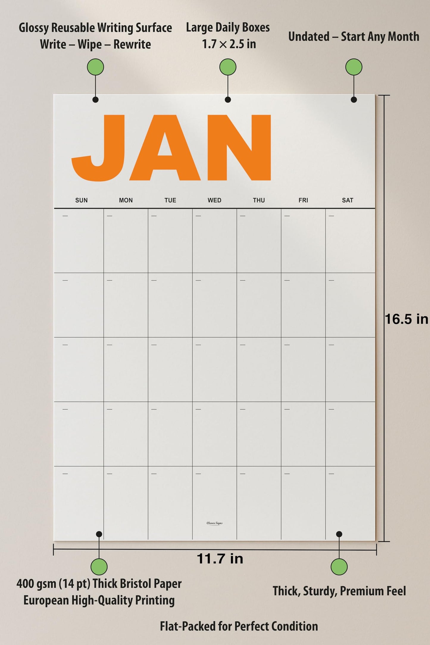 Dry Erase Undated Wall Calendar – 12 Color-Coded Monthly Prints, A3 Size (11.7 × 16.5 inches), Premium 400 gsm (14 pt) Thick Bristol Paper, Large 1.7 × 2.5 in Daily Writing Boxes, Glossy Reusable Surface, Flat-Packed, European-Quality Print