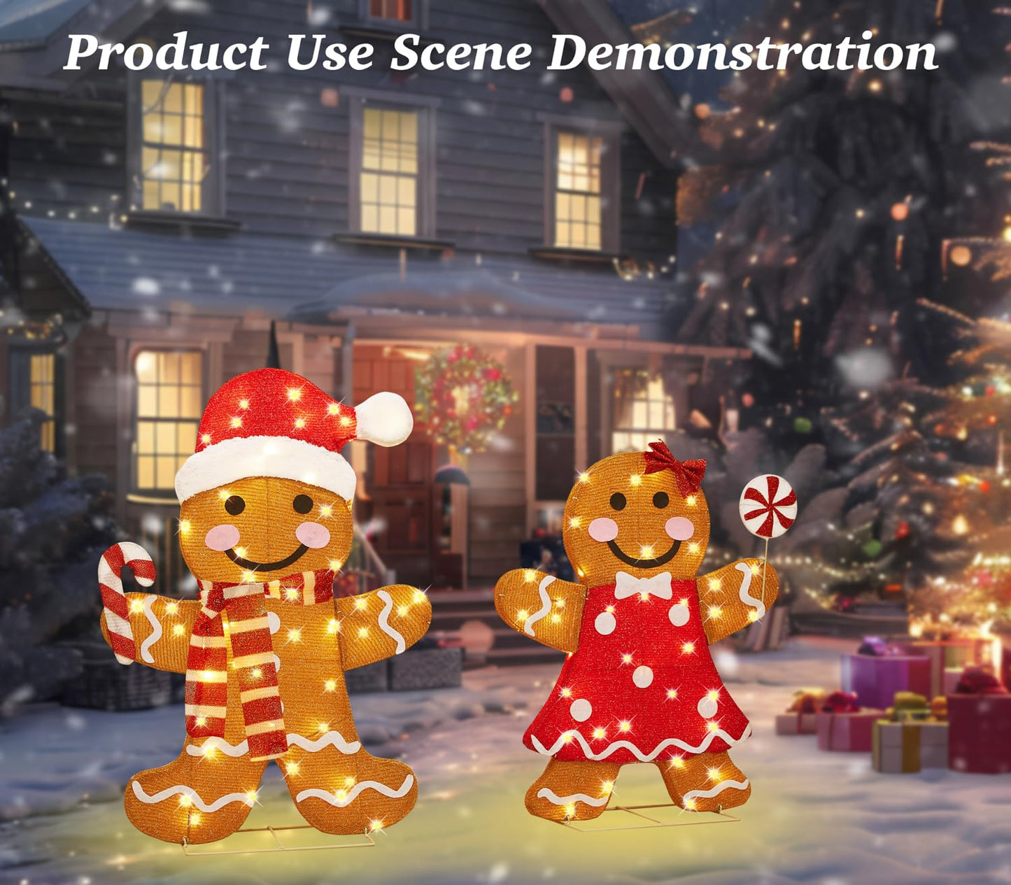 32 Inch 3D Lighted Gingerbread Man Decorations - 2-Piece Outdoor Christmas Decorations with 80 Warm White LEDs, Christmas Yard Decorations Display for Garden, Storefront, Patio