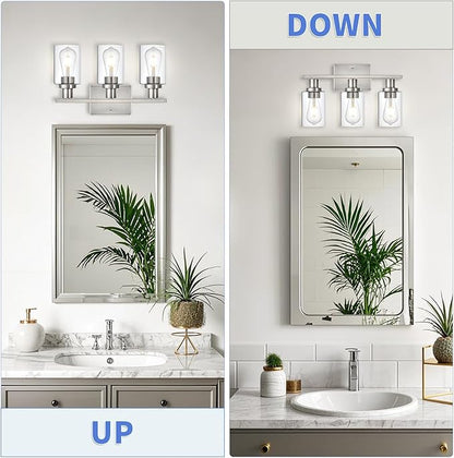 Bathroom Vanity Light,3-Light Brushed Nickel Vanity Light, Modern Matte Black Wall Sconce Lighting with Clear Glass Shade,Wall Mounted Lamps for Mirror Bedroom,Living Room