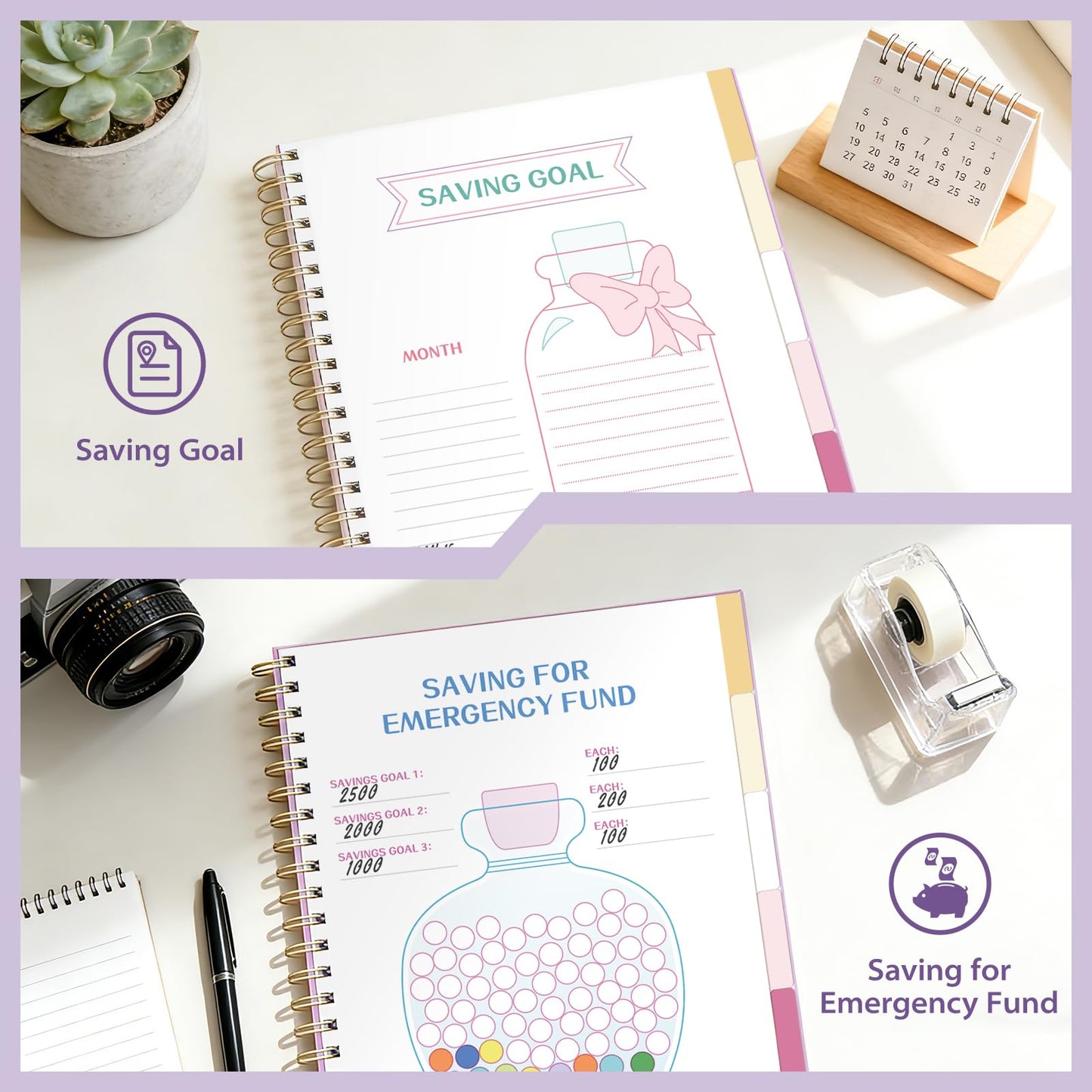 Ospelelf Budget Planner Undated, Money Expense Tracker with Pocket & Stickers, Thick Cardboard Cover, Large Pages for Spacious Writing, Original Fun Colorful Design, 12 Month Financial Notebook, Purple Floral