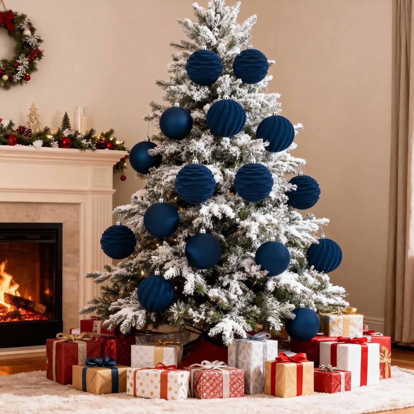 Artmag 4 PCS Large Velvet Christmas Balls Ornaments Shatterproof Hanging Set Flocked for Xmas Tree Holiday Party Decorations (Blue,4 Inch)
