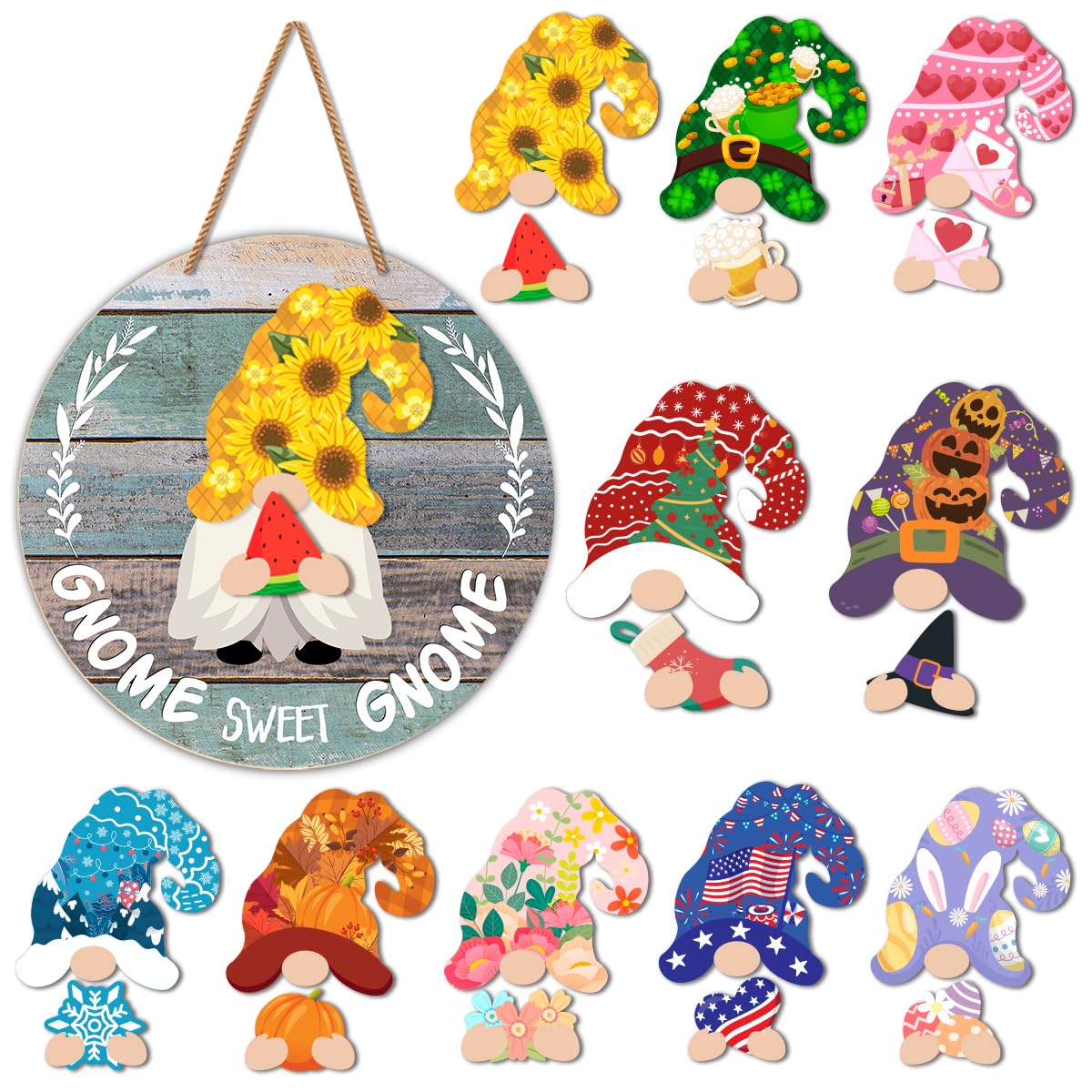 Interchangeable Gnome Welcome Sign Summer Patriotic 4th of July Door Decoration, Changeable Front Porch Decor Wood Wreath Gnomes Gifts for Spring Fall Winter All Seasons Holiday, Antique Blue