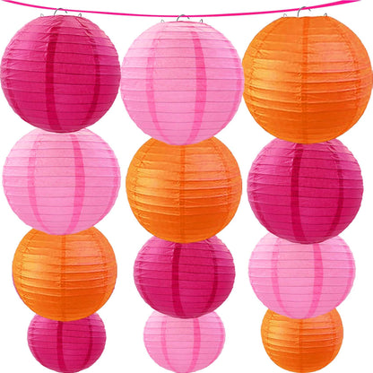 KUNYYI Hot Pink-Orange and Pink Paper Lanterns 12Pcs Hanging Lanterns for Birthday Party, Wedding, Home Decor, Baby Shower Festive Decoration