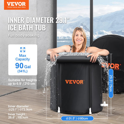 VEVOR Ice Bath Tub, Cold Water Therapy Plunge Tub for Athletes, Portable Outdoor Ice Barrel Plunge Pool for Recovery, 90 Gal Inflatable Folding Bathtub with Cover, Home Ice Pod for Adult, 32"Lx30"H