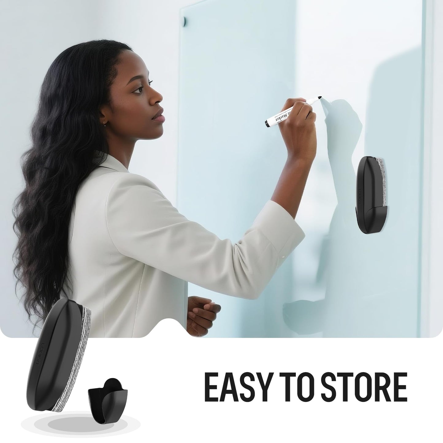 loukin Dry Erase Eraser with Replaceable Felt Pad, Whiteboard Eraser with 12 Peel-Off Layers, Magnetic Holder Includes, for Classroom, Home, and Office, Black