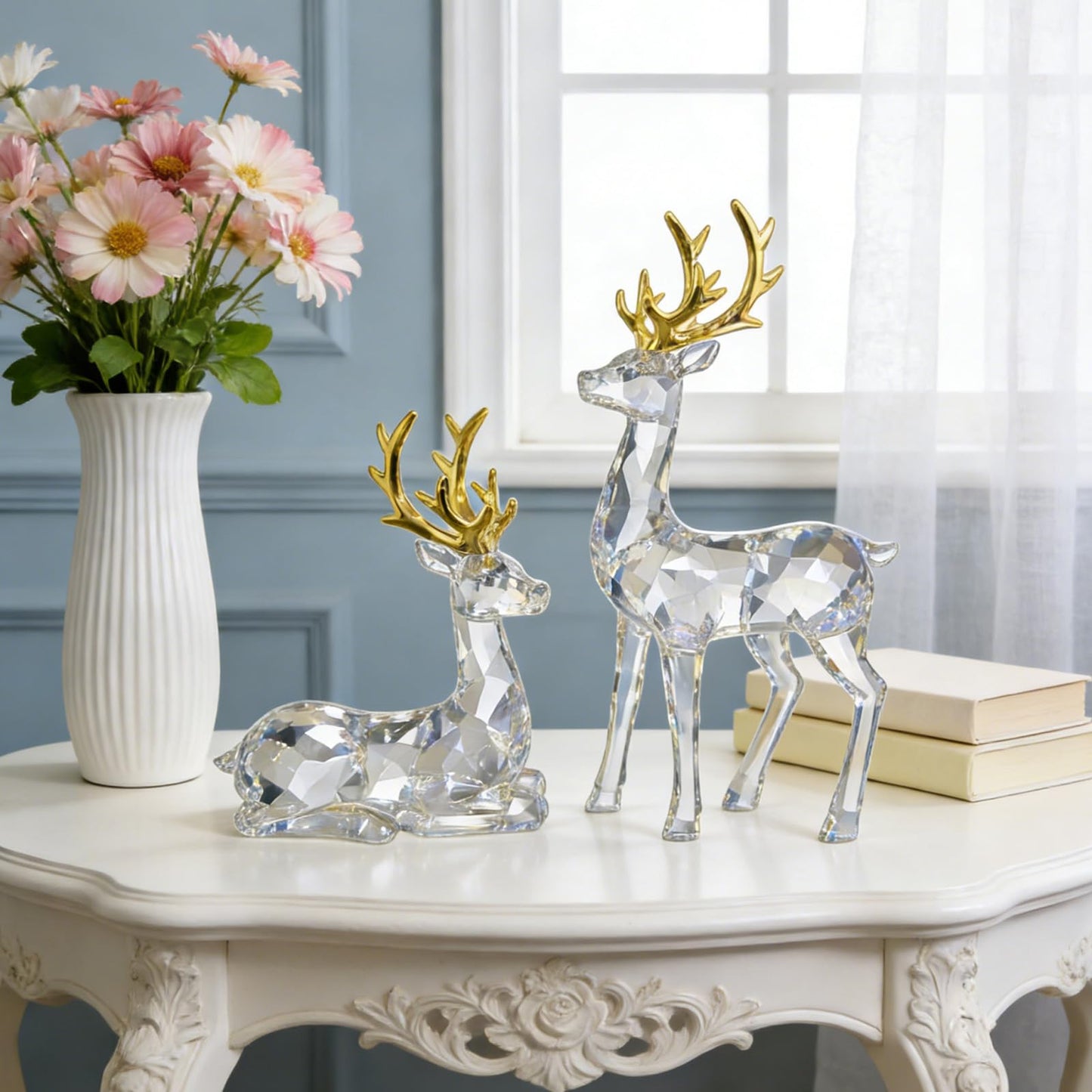 EverZenHub Christmas Reindeer Figurines, Set of 2 Resin Deer Statues - Handcrafted Holiday Tabletop Decor for Mantel, Shelf, Cabinet | Elk Sculpture Home Décor Gift
