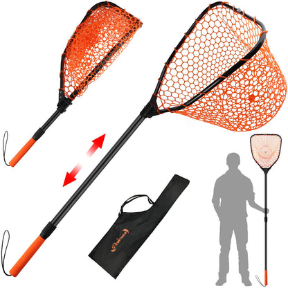 Dovesun Rubber Fishing Landing Nets Telescopic Handle Nets Folding Nets with Collapsible Handle for Catch & Release Fishing Gift 17.6" dia-13.7" Depth Orange