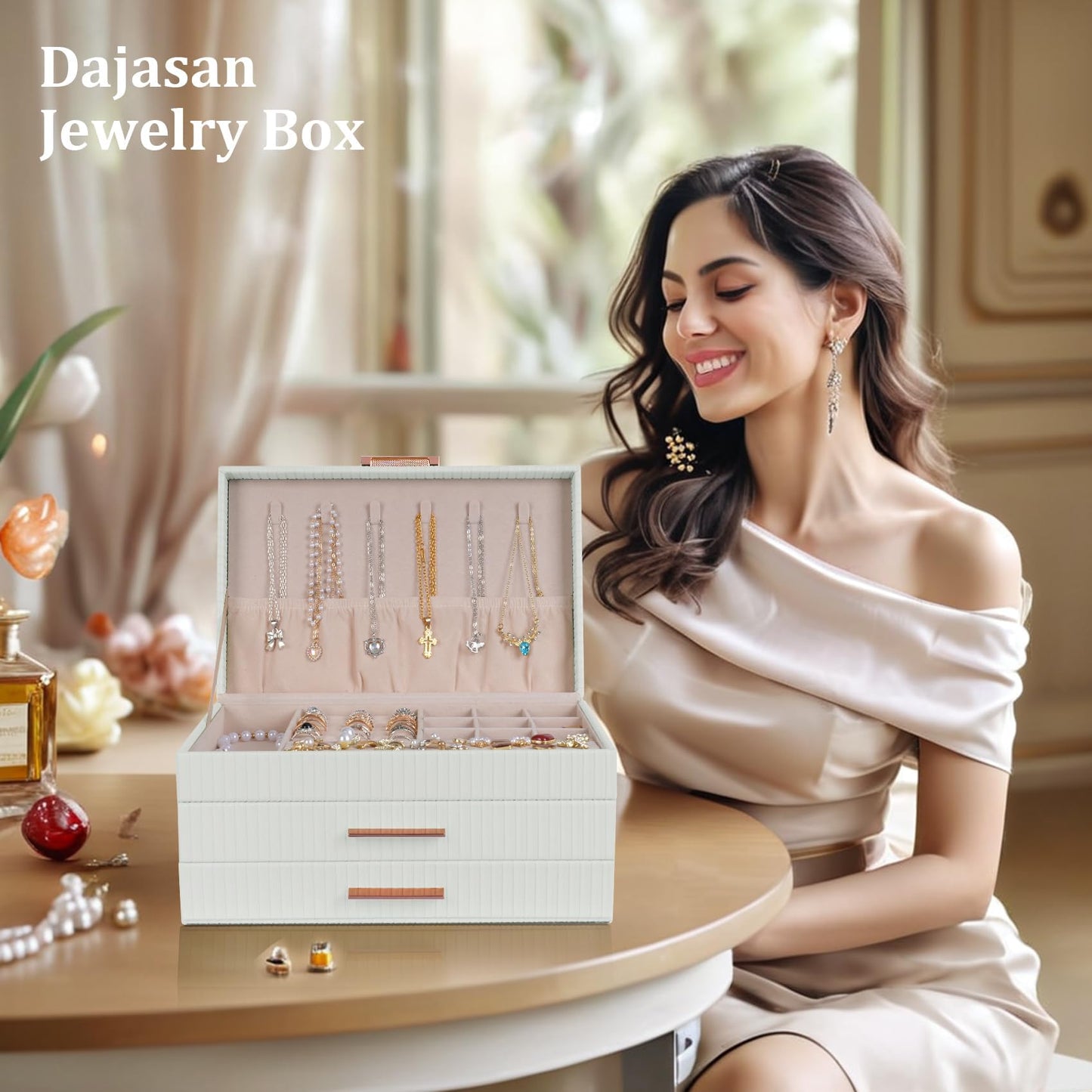 Dajasan Jewelry Box Organizer, 3-Tier Large Jewelry Storage Organizer with 2 Drawers, Space-Saving Jewelry Boxes for Women, PU Leather Surface with Texture, Gift Idea, Modern Style (White)