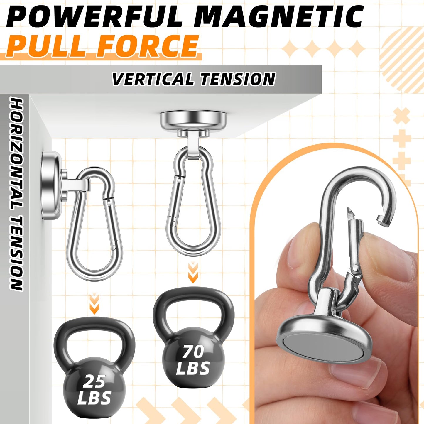 FINDMAG 10 Pack Strong Neodymium Magnetic Hooks Heavy Duty with Swivel Carabiner, 70LBS Magnet Hooks for Hanging, Magnet with Hook for Kitchen, Home, Warehouse, School