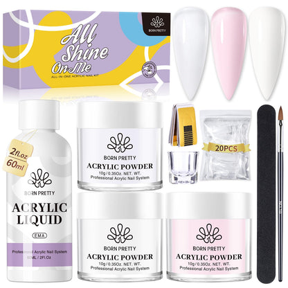 BORN PRETTY Acrylic Nail Kit - Acrylic Powder (Clear, White, Pink) & Liquid Set with Nail Forms, Brush Pen, File & Glass Container - Beginner Friendly