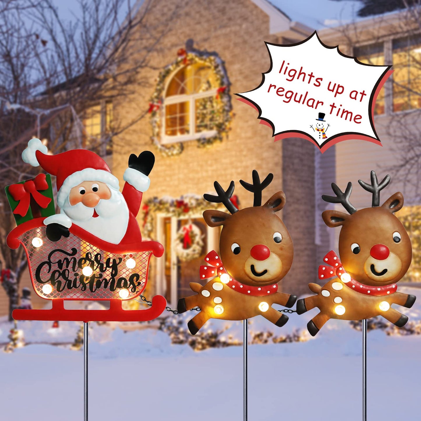 3 Pieces Christmas Decorations Outdoor Yard Sign with LED Lights Sled Lawn Sign Santa Reindeer Yard Sign with 3 Yard Stakes for Outdoor Christmas Decoration