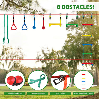 Dripex Ninja Warrior Obstacle Course for Kids, 2×50ft Slack Lines for Backyard with 8 Ninja Accessories - Monkey Bar, Rope Ladder, Gymnastic Ring, Arm Trainer and Monkey Fist