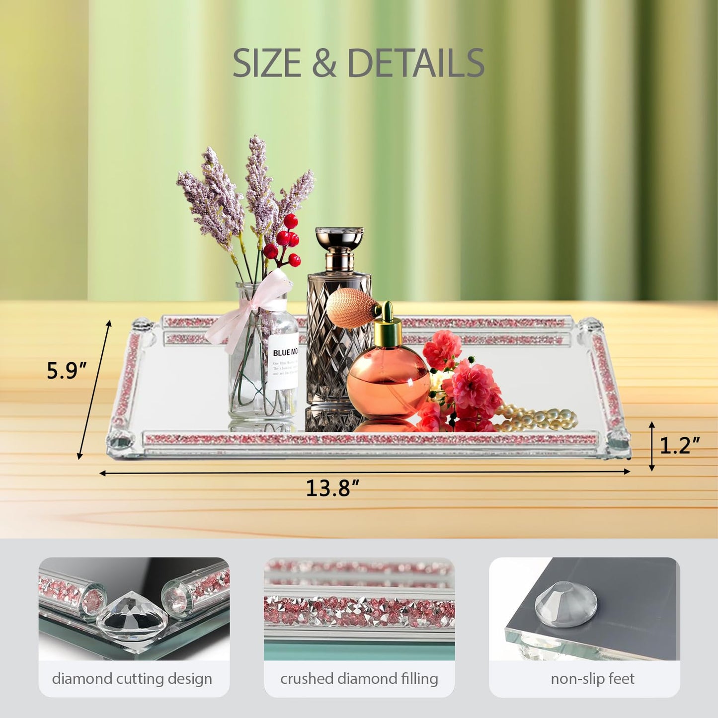 Crystal Mirror Tray, Crystal Glass Perfume Tray for Dresser Cosmetic Trinket Jewelry Vanity Trays for Display Crushed Diamond Home Decor Serving Trays for Bathroom Countertop Organizer (Rose Red)