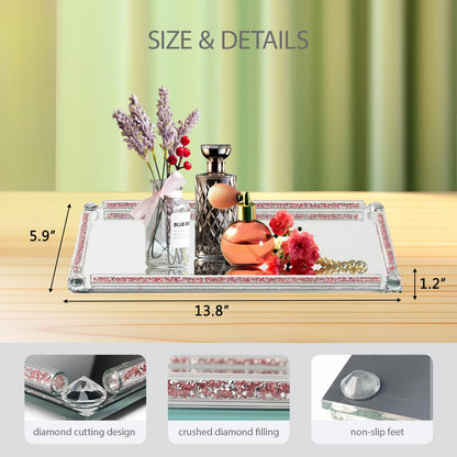 Crystal Mirror Tray, Crystal Glass Perfume Tray for Dresser Cosmetic Trinket Jewelry Vanity Trays for Display Crushed Diamond Home Decor Serving Trays for Bathroom Countertop Organizer (Rose Red)