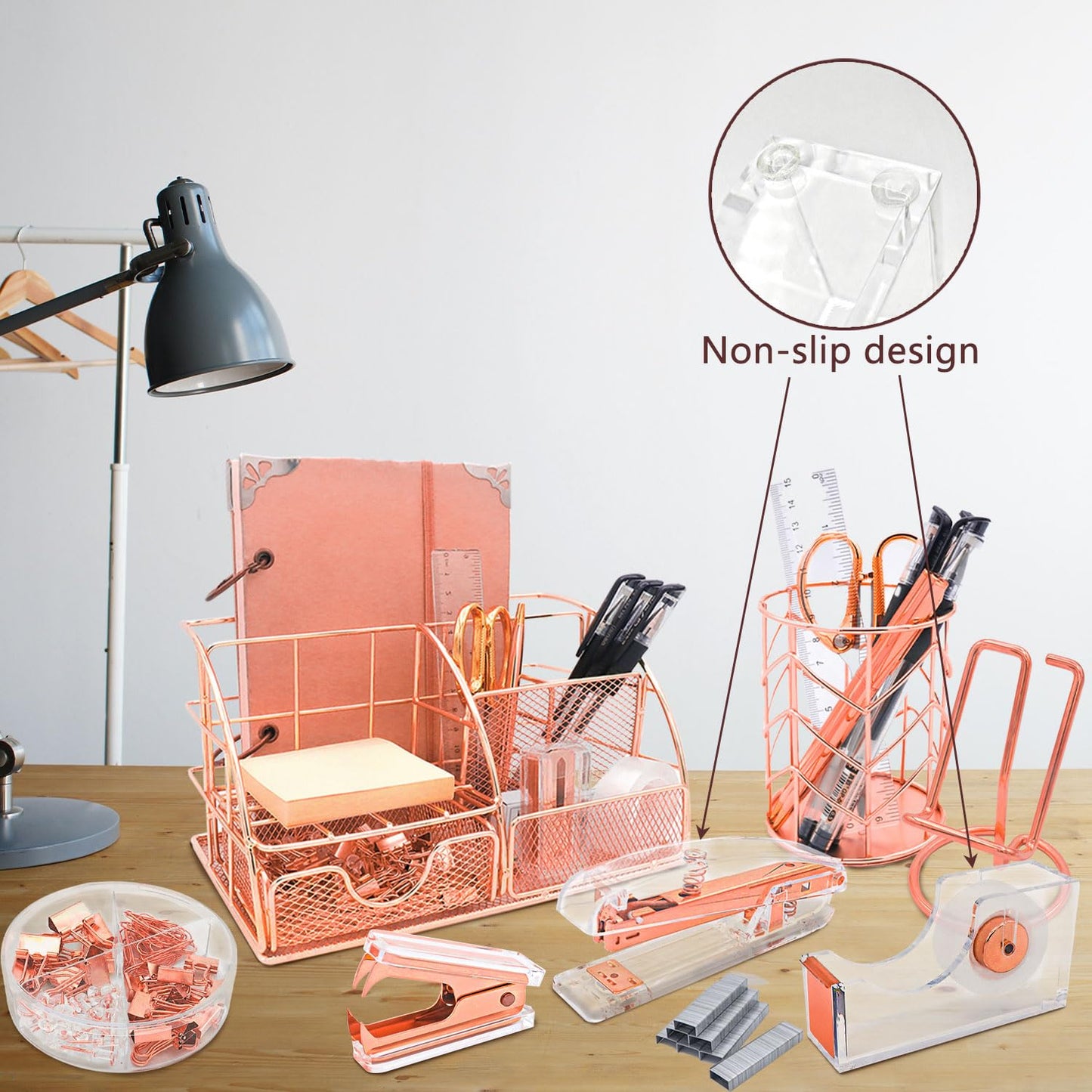 YOLOZAI Office Desk Organizers, Rose Gold 13PCS Office Supplies and Accessories Desk organizer, Acrylic Stapler, Staple Remover, Clips, Scissor, Phone Holder, Pen, Pen Holder (Rose Gold)
