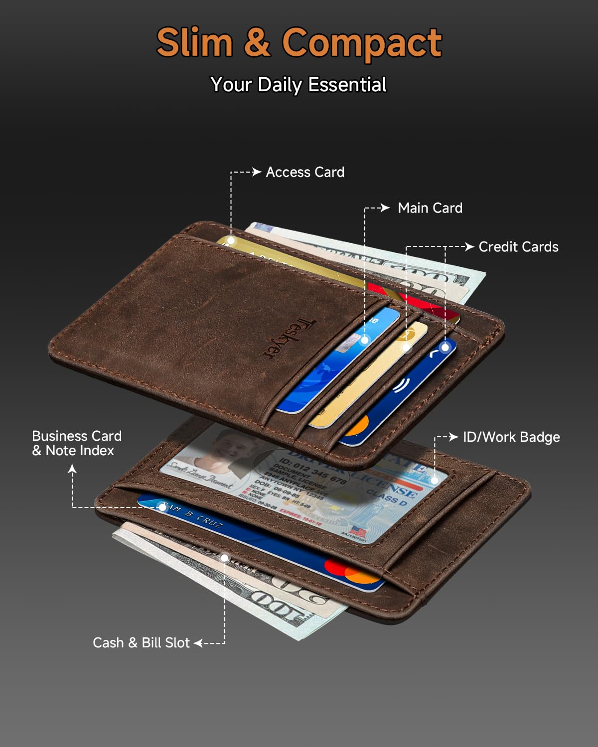 Teskyer Leather Gifts for Men, Premium Leather Gift Set with Slim Wallet, Travel Luggage Tag & Car Keychain, Elegant Gift Box for Father's Day, Birthday, Anniversary, Retirement & Graduation - Coffee