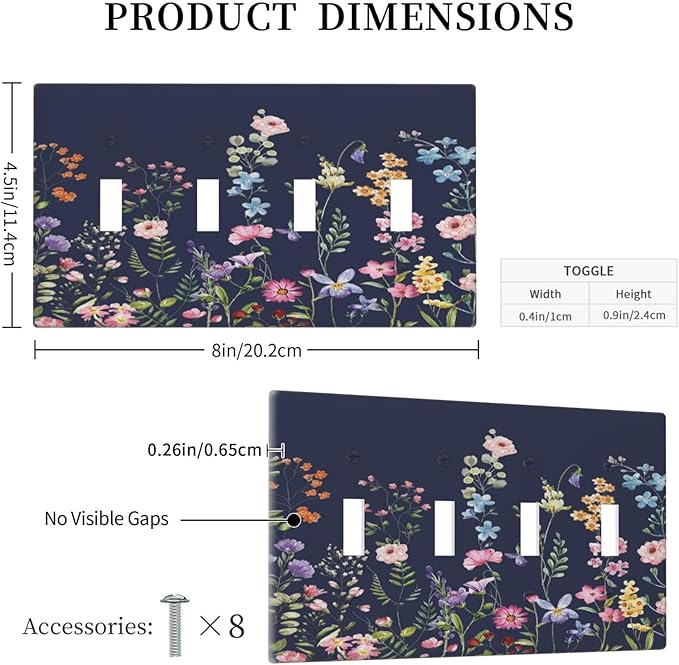 Rustic Wild Floral Darkground Vintage Watercolor Flower Quad Toggle Light Switch Covers Decorative Unique 4 Gang Wall Plate Electrical Faceplate Switchplate for Bedroom Decor