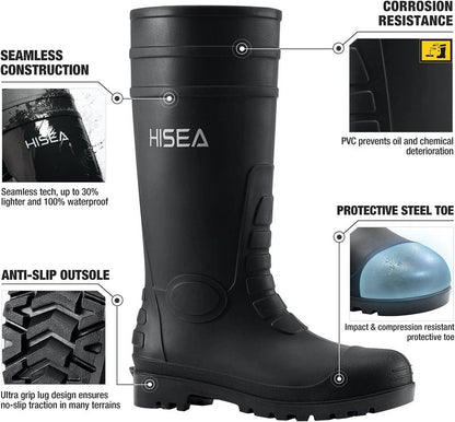 HISEA Men's Steel Toe Rain Boots - Waterproof PVC Rubber Outdoor Work Boots | Durable Slip-Resistant Knee Design