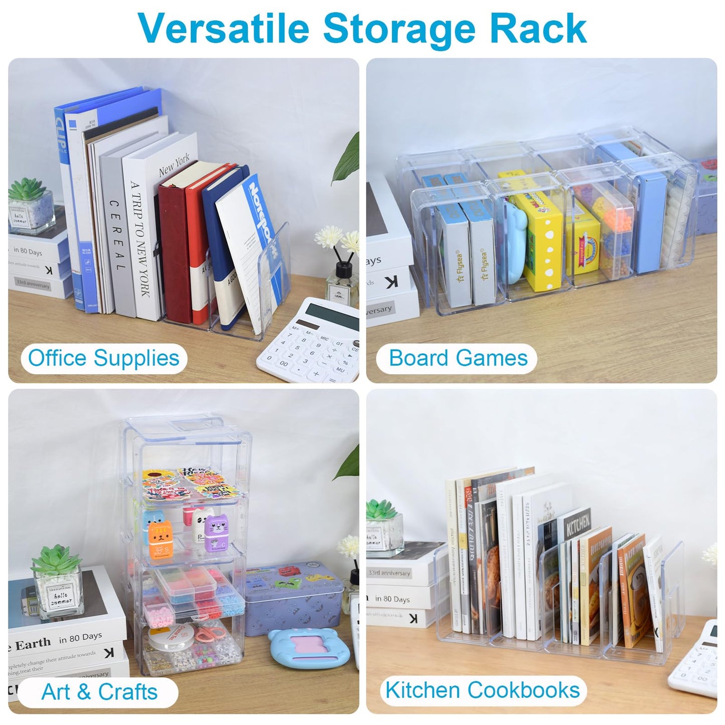Marte Vanci Clear Acrylic File Sorter, Sturdy Desk File Organizer Shelf Book Holder Purse Handbag Clutch Divider File Folder Rack for Letter Cookbooks Home Office Kitchen Supplies 4 Sections (2 Pcs)
