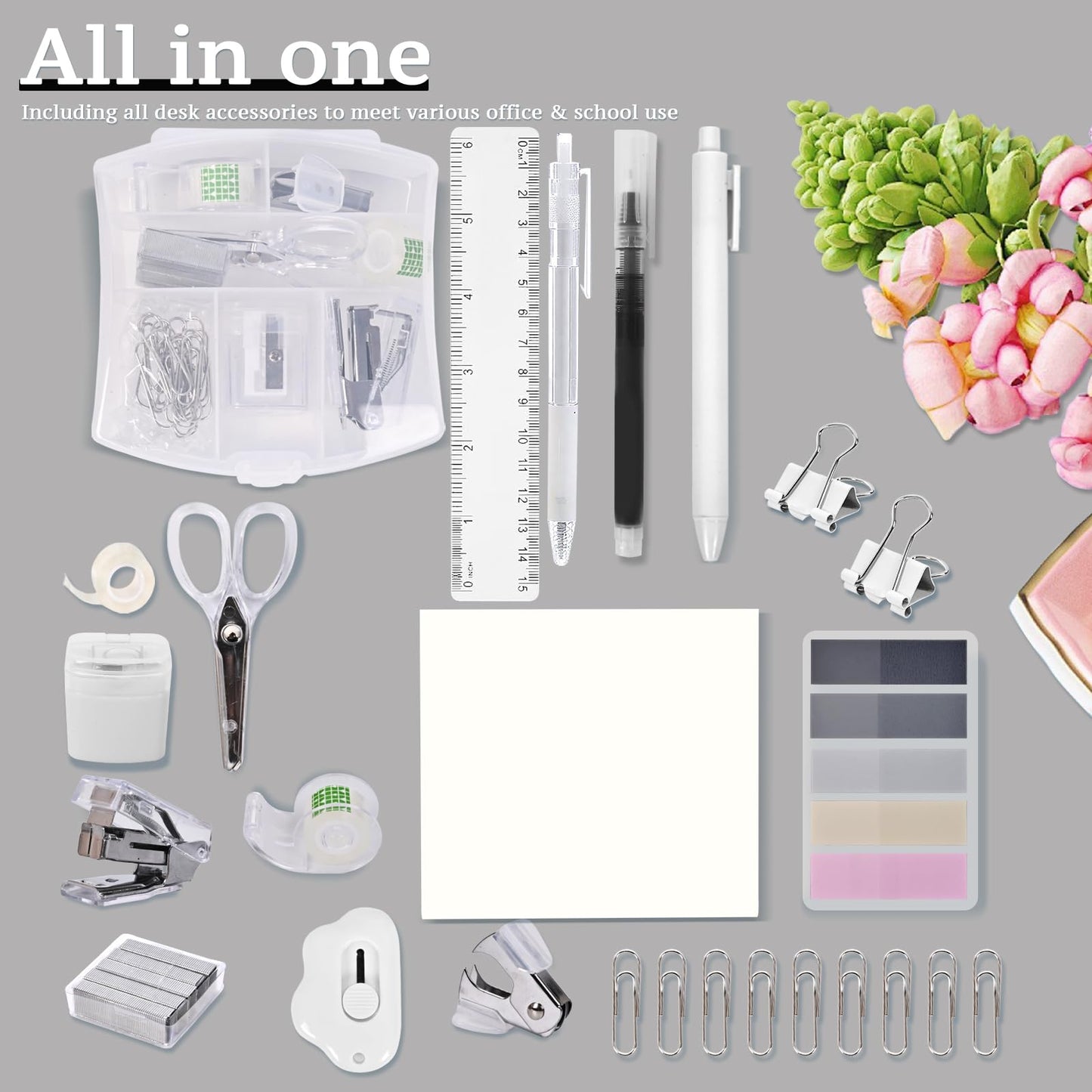 Mini Office Supply Kit, Mini Stapler with Staples and Tape Dispenser Set, Mini Stationary Kit Includes Sticky Notes Index Tabs Gel Pens for Office & School (Transparent)