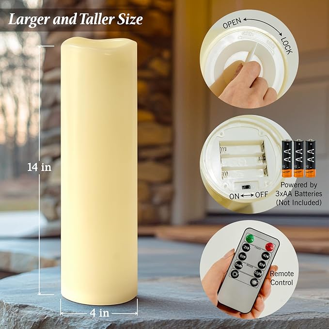 4" x 14" Ivory Large Waterproof Outdoor Flameless Candles Battery Operated LED Flickering Pillar Candles with Remote and Timer for Indoor Outdoor Lanterns, Long Lasting, Set of 2