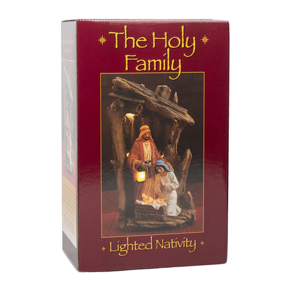 Three Kings Gifts Lighted Holy Family Nativity Scene Christmas Manger Display with LED Lights – Indoor Religious Holiday Décor Featuring Mary, Joseph & Baby Jesus – Rustic Stable Christmas Decoration