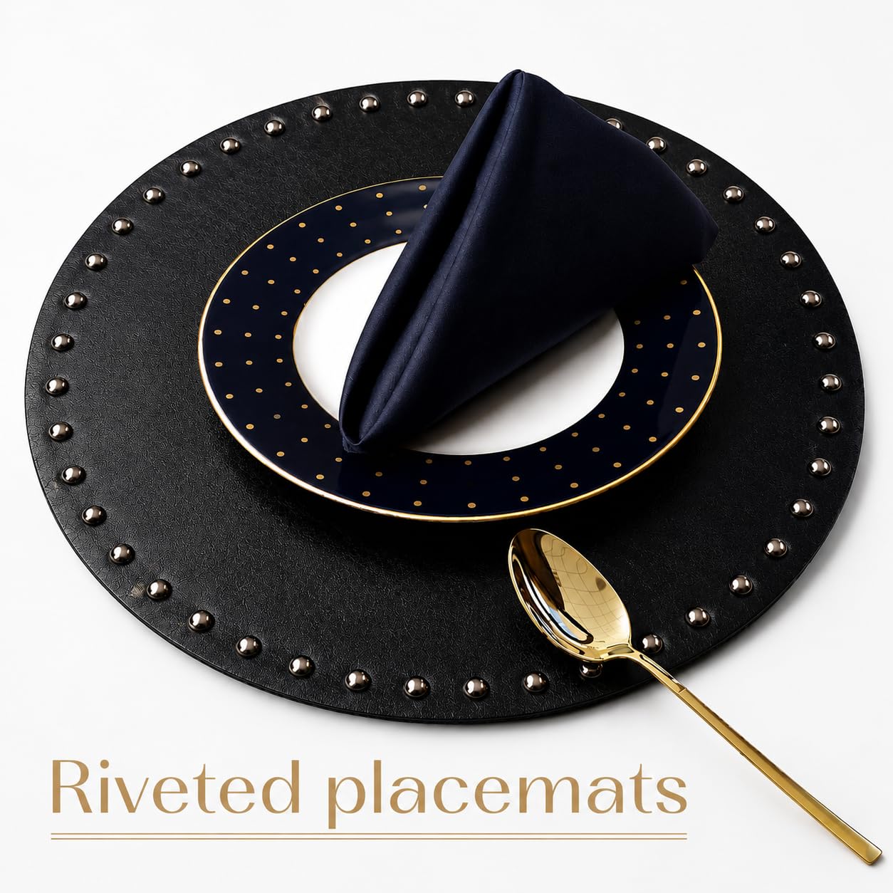 FAVE Black Faux Leather Placemats 13.78Inches Round Placemat Set of 2 Heat Resistant Place Mats for Kitchen Table Wipeable Fall Placemats Table Mats with Rivets High Texture Placemat (Black)