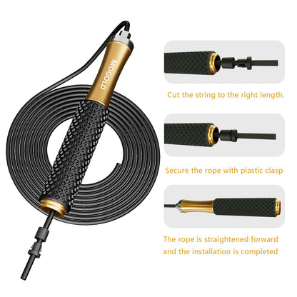 MOGOLD Jumping Rope For Men Women Kids - Alloy Handle Core Covered Silicone Grip With Ball Bearing- Adjustable 10ft long Skipping Rope - Good For Workout Fitness Weight loss (Black)