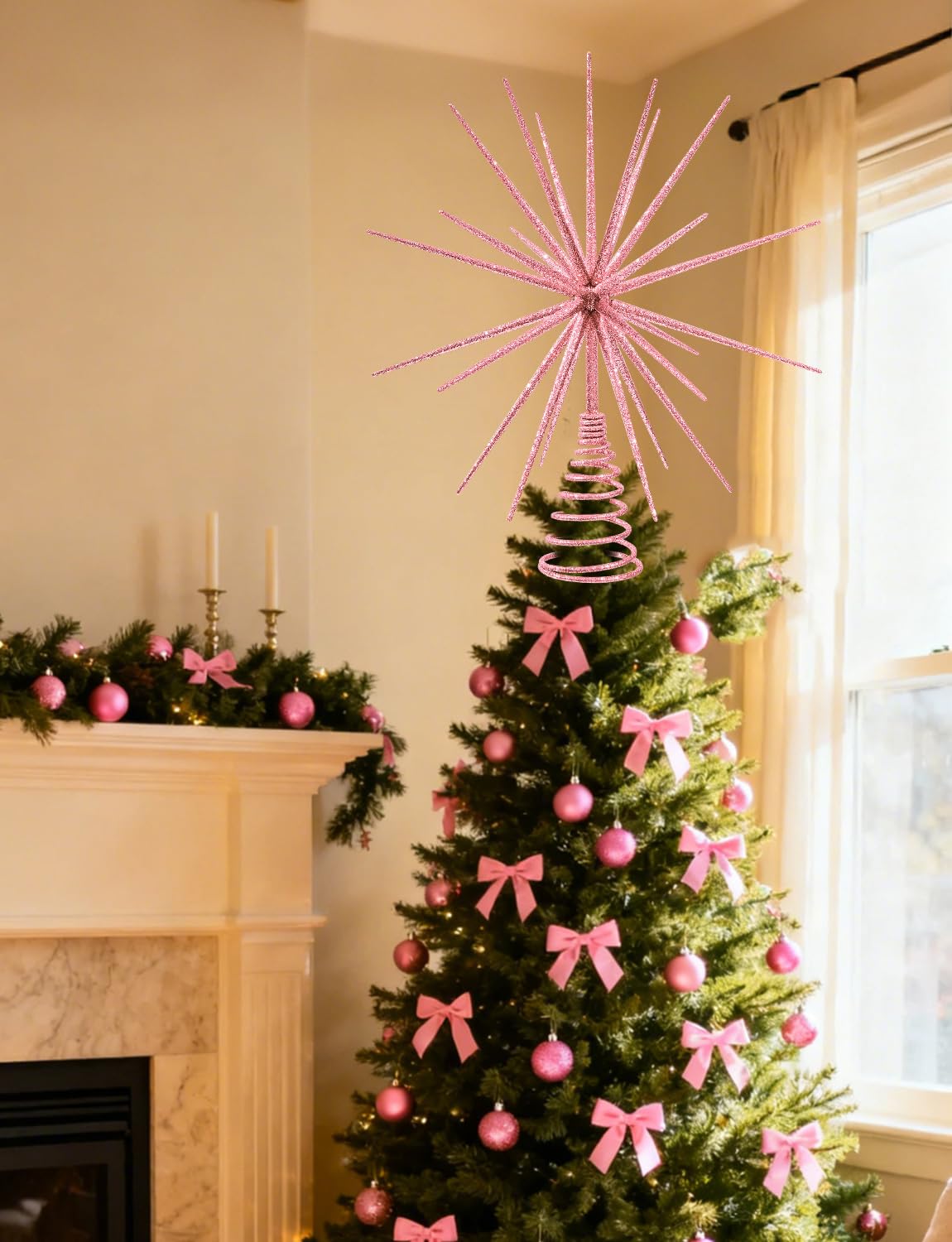 13.7 Inch Pink Christmas Tree Topper - 3D Burst Pink Tree Topper, Exploding Star Christmas Tree New Year Holiday Tree Decoration