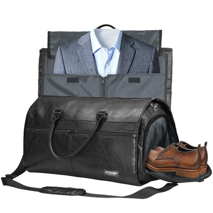 STOVER Garment Travel Duffle Bag, Large 2-in-1 Convertible Carry-on Luggage for Men & Women- Hanging Suits, Dresses & Clothes + Shoe Compartment- Weekender Tote Combo Duffel (Black Leatherette)