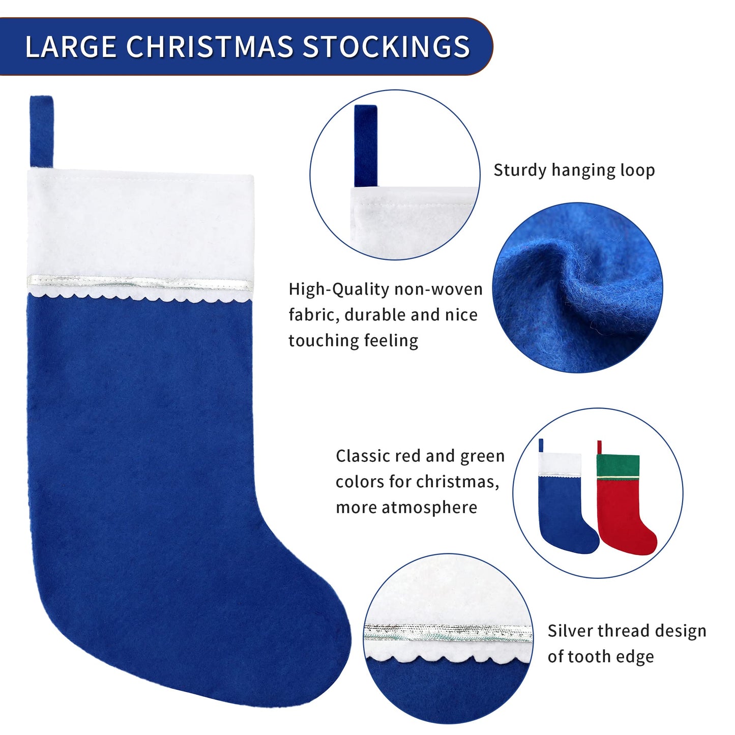 Tokforty 12 Pack Felt Christmas Stockings, 19 Inches Blue and White Christmas Stockings Hanging Ornaments, White Cuff with Silver Trim Christmas Stockings for Family Christmas Holiday Decorations