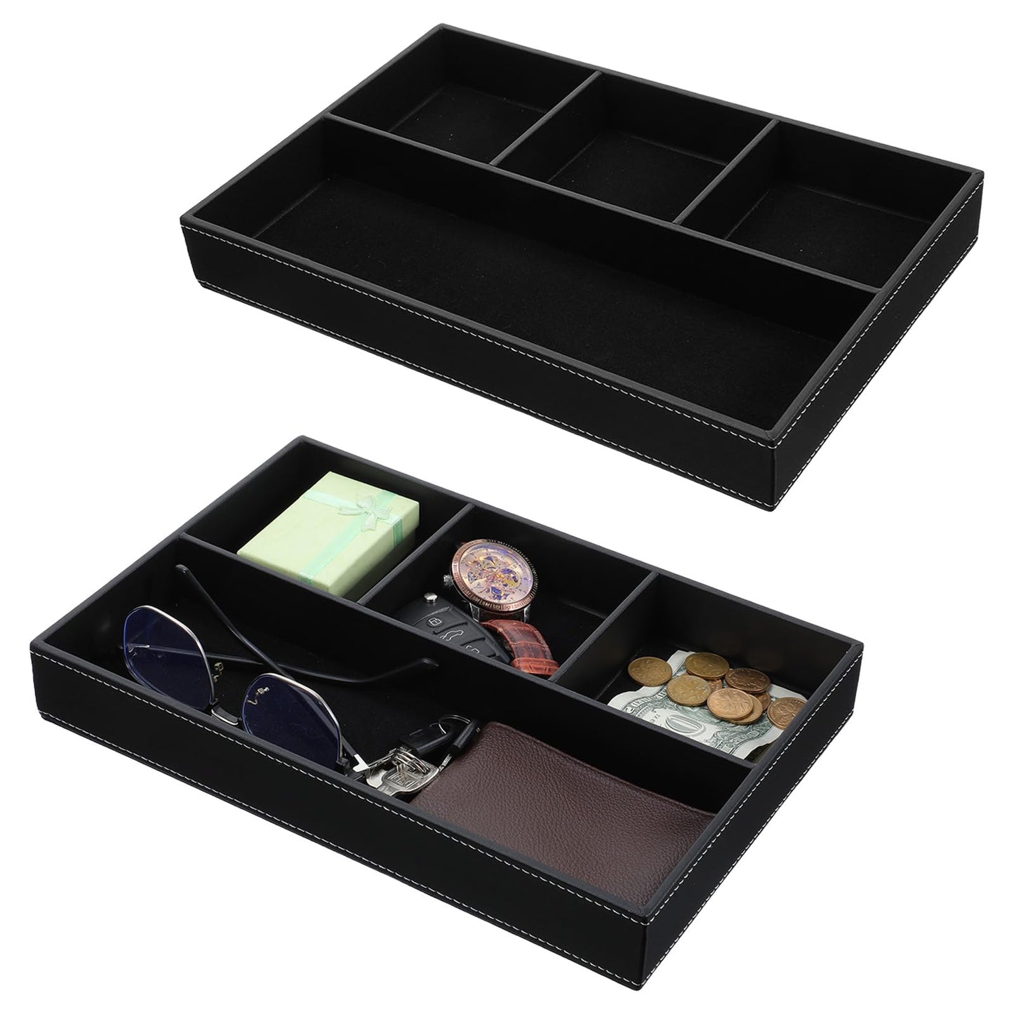 Afcabakila 2 Pieces Leather Valet Tray Nightstand Drawer Organizer Stackable Jewelry Organizer For Drawer Key Wallet Sunglass Watch Coin Phone Bedside Dresser Top Tray Black