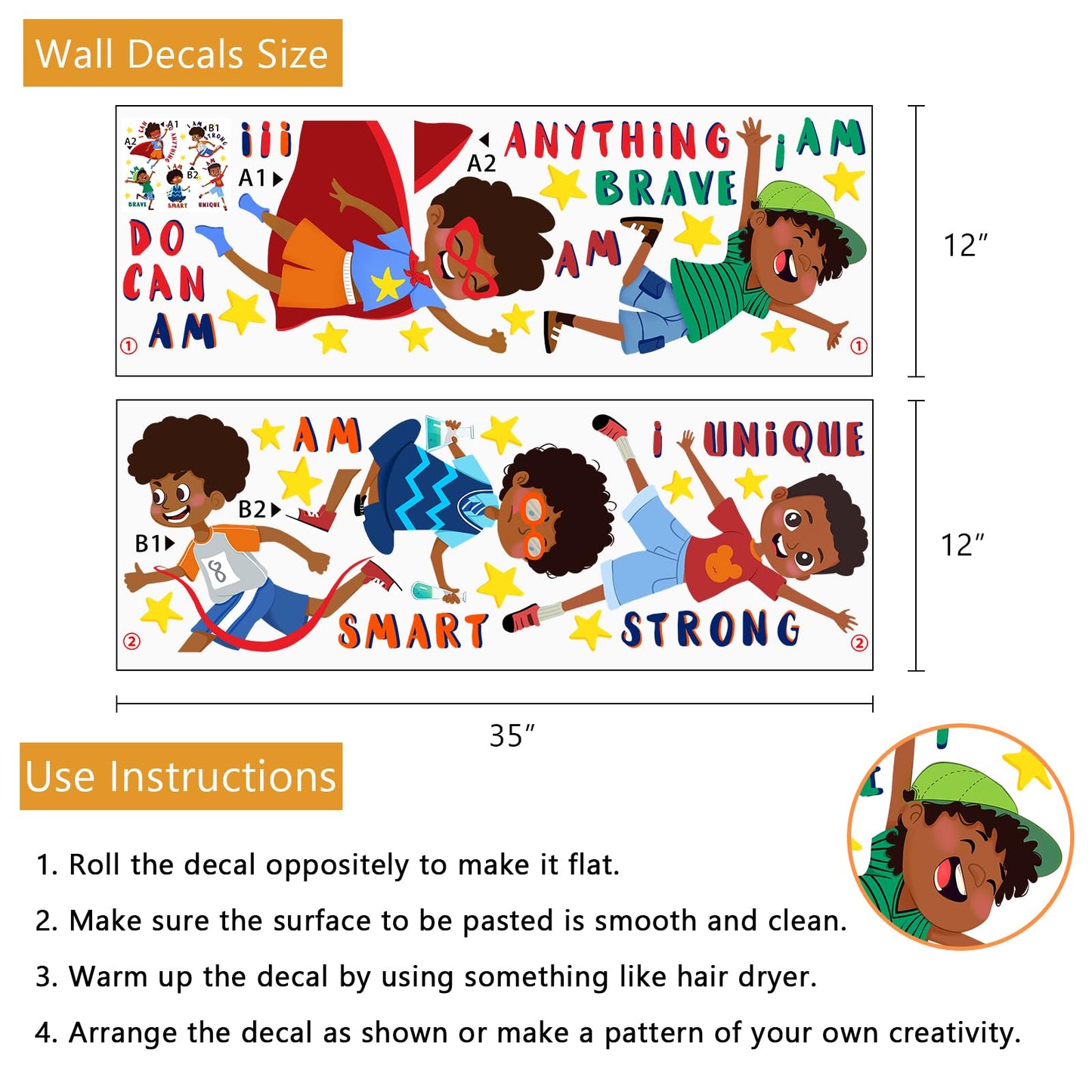 Yovkky Black Boy Inspirational Wall Decals Stickers, African American Positive Quote Toddler Baby Nursery Classroom Decor, Motivational Saying Stars Home Decorations Afro Kids Bedroom Playroom Art