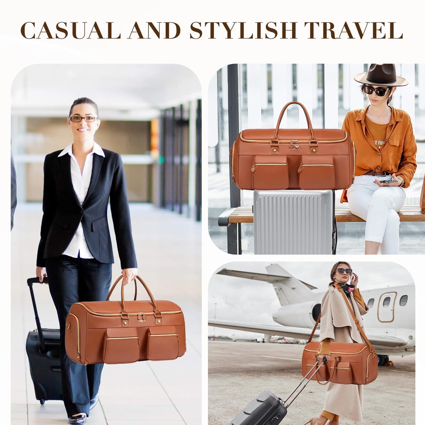 Suit Bag,Vessgra 56L Garment Bags for Travel,2 in 1 Leather Duffle Bags for Men Women, PU Leather Convertible Travel Bag with Shoe Compartment,Work Weekender Bussiness Wedding,Reddish Brown