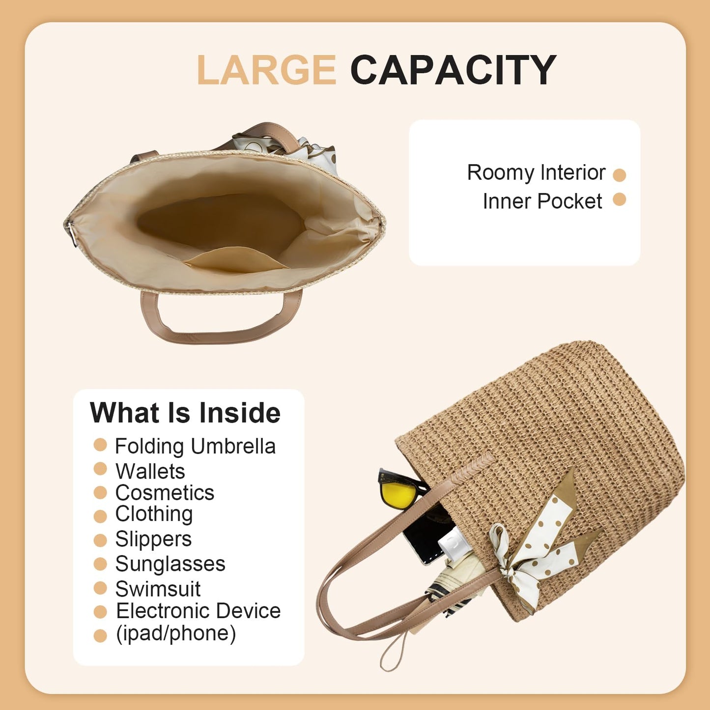 Long Keeper Straw Tote Bag for Women Summer Straw Beach Bag with Zipper Woven Shoulder Tote Bags for Beach Picnic Vacation (Khaki)